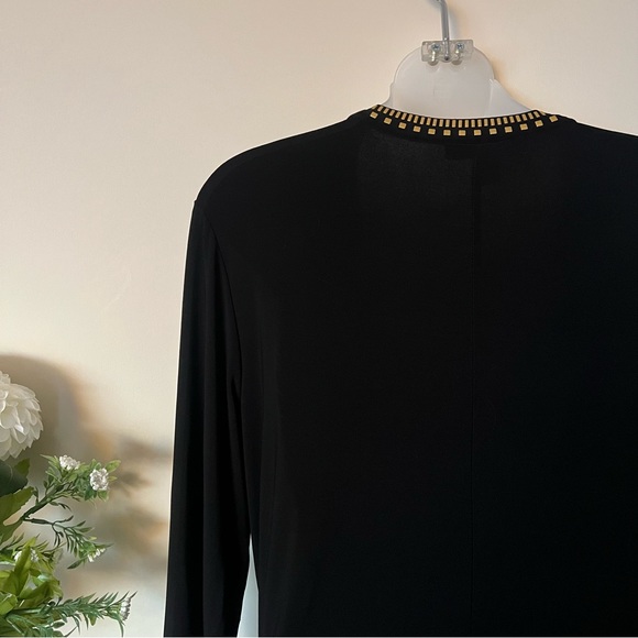 Black Frank Lyman gold stud detail stretchy black faux wrap midi dress - Picture 4 of 9